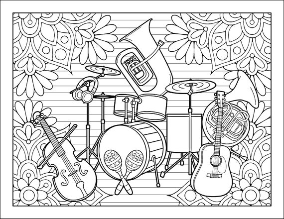 Coloring Pages, Set of 5 Different Coloring Pages, Musical Instruments  Adult Coloring Pages, Digital Download 