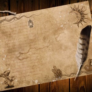 May include: A vintage-style lined paper sheet with a brown background and a feather quill pen. The paper has a variety of illustrations including a crescent moon, a lantern, a mushroom, and a bottle. The paper is on a wooden surface.