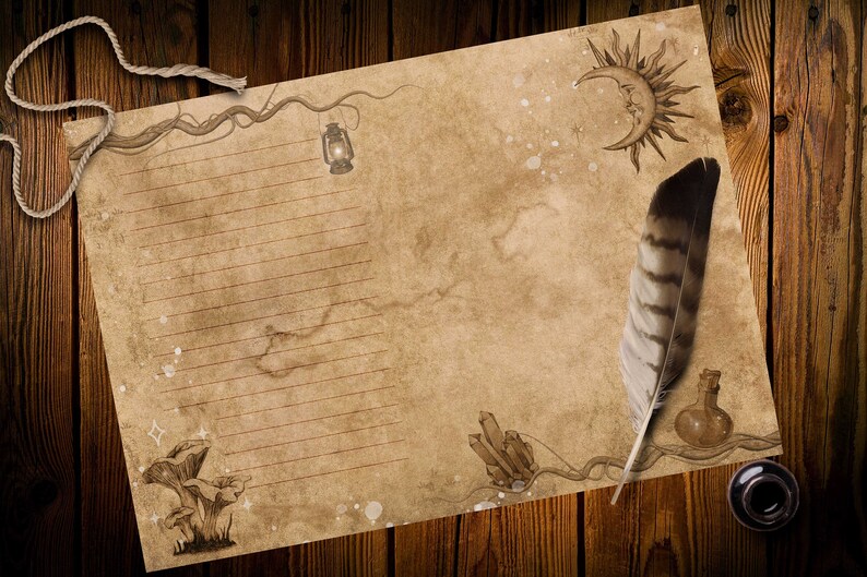 May include: A vintage-style lined paper sheet with a brown background and a feather quill pen. The paper has a variety of illustrations including a crescent moon, a lantern, a mushroom, and a bottle. The paper is on a wooden surface.