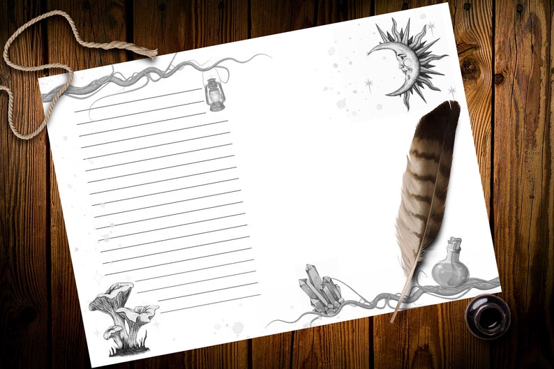 May include: A blank lined paper with a whimsical design featuring a crescent moon, sun, crystals, mushrooms, and a lantern. The paper is on a wooden surface with a feather quill and inkwell.