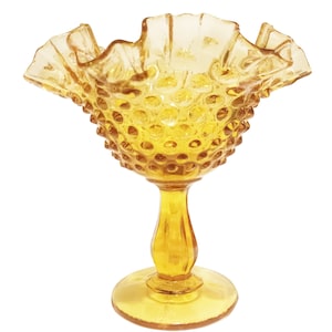 FENTON Amber Glass Hobnail Compote with Ruffled Ridge 1960s