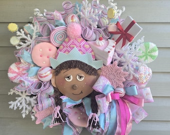 Christmas wreath, African American Elf wreath, Christmas Decor, Candyland wreath.