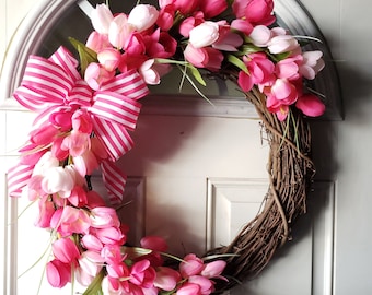 Spring wreath, PinkTulip Wreath, Front Door Wreath, Mother's Day gift