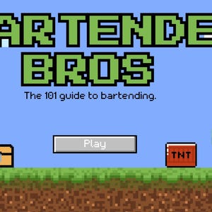 May include: Pixelated graphic with the text "BARTENDER BROS" and "The 101 guide to bartending." Features a "Play" button, a treasure chest, a TNT block, trees, and a blue sky background.