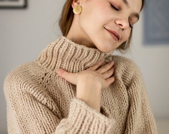 Handmade Beige minimalistic oversized wool turtleneck pullover for everyday look