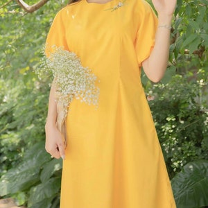 Yellow Linen Dress with Hand-Embroidery Detail,  Puff Sleeve Linen Dress, Handmade Organic Linen Dress, Simple for Summer