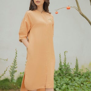 Beige linen shift dress, 3/4 Sleeve Summer Linen Dress with Pockets and Hand-Embroidery Details, Simple Linen Tee Shirt Dress