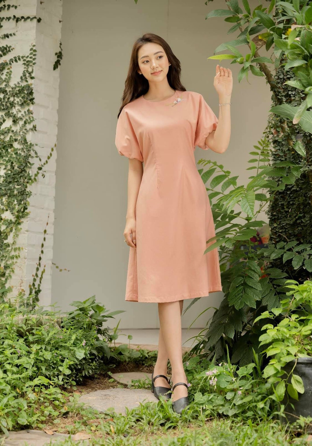 Pink Linen Dress Simple, Puff Sleeve Linen Dress with Hand-Embroidery Details, Linen Dress Handmade, Summer Linen Dress Pink Linen Dress Simple, Puff Sleeve Linen Dress with Hand-Embroidery Details, Linen Dress Handmade, Summer Linen Dress