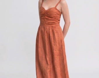 Terracotta Linen Maxi Dress with Backless Detail, Ruched  Dress, Summer Vacation Dress, Custom Linen Dress for Women, Spagetti Strap