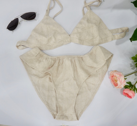 Lovely Summer Beach Bikini for Girls/Breathable Natural Linen Bras And Panties/Comfortable Sexy Nightwear For Women