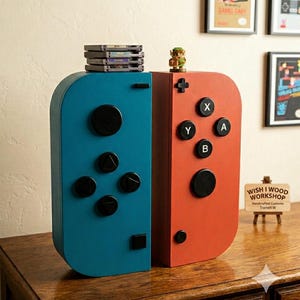 May include: A wooden, blue and red controller-shaped storage unit. The blue side has black buttons and a slot, while the red side features X, Y, A, and B buttons, plus a directional pad. A stack of game cartridges and a small figurine sit on top.
