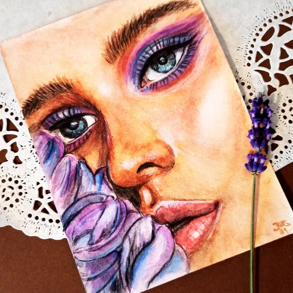 Original miniature painting with a hand-made watercolor art blue eye girl with big eyes and flowers