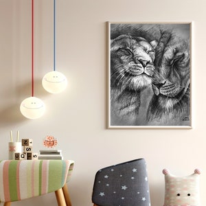 Downloads Digitaldrucke Löwen PNG JPG sofortiger Download Sublimation Design Wildes Tier Löwen schwarz und weiß Bleistift Zeichnung Druck
