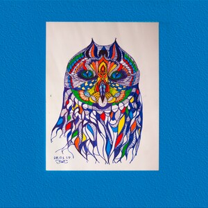 Rainbow owl Art on Paper, Handmade owl painting, Bird painting on Paper, original painting, wildlife painting