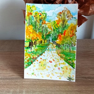 Carte aquarelle faite à la main Peinte à la main Toutes les occasions faites maison Carte postale miniature 3x4 dans l’art aquarelle Automne parc art aquarelle original