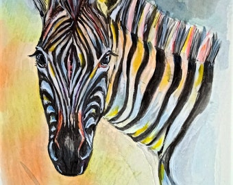 Zebra, rainbow zebra, Watercolor art wall decor, original art animal painting