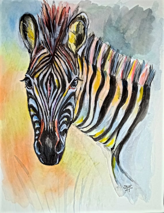 Zebra, Rainbow Zebra, Watercolor Art Wall Decor, Original Art