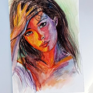 Watercolor Art Girl painting on paper, Watercolor handmade card.