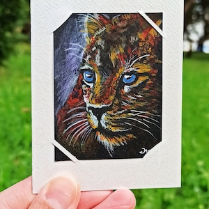 Handgemachte Aquarell Handgemalte Karte Alle Gelegenheitskarten selbstgemachte Karte Miniatur Aquarell Postkarte Karte mit großer Katze ACEO Malerei 2x3 in