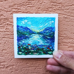 Original pastosen Kunst Gemälde von Lake Mcdonald – Gletscher National Park Montana, 3x3 Zoll Indigo Kunst Pastellfarben Malerei