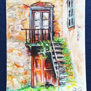 Dipinto ad acquerello originale Carta fatta a mano Dipinto a mano Tutte le occasioni fatte in casa Cartolina ad acquerello in miniatura arte dell'acquerello vecchia porta