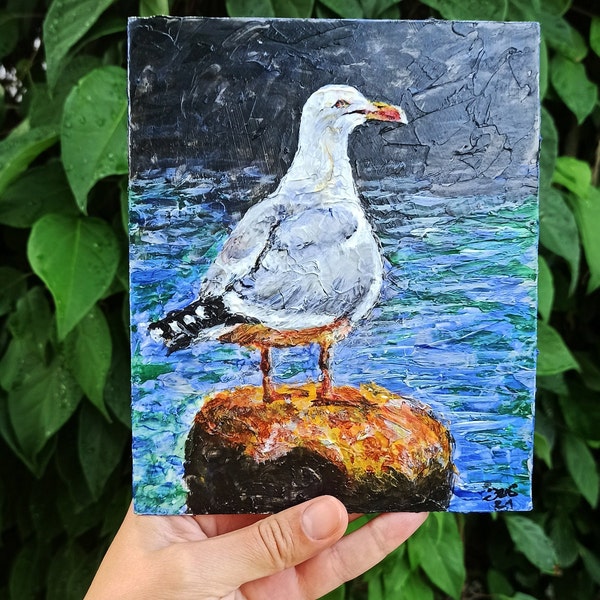 Impasto acrylique original, art de mouette, peinture d'oiseau de mouette