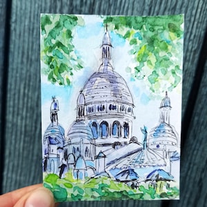 Aquarelle originale faite à la main Château d'art aquarelle miniature de Barcelone en Espagne