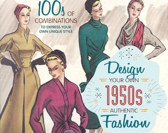 May include: A vintage illustration of four women wearing 1950s fashion. The illustration is in a retro style with a blue background and the text "Design Your Own 1950s Authentic Fashion".