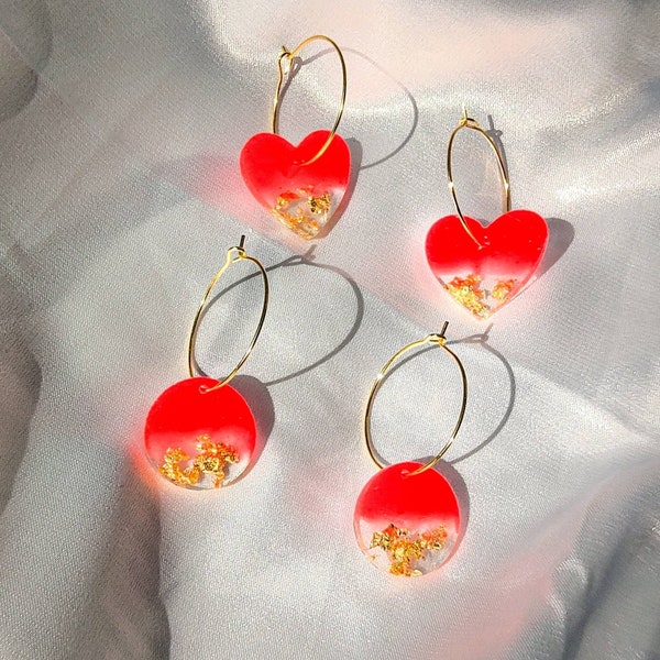 Neon Drop Earrings | Resin Hoop Earrings | Heart Earrings | Circle Earrings | Neon Coral