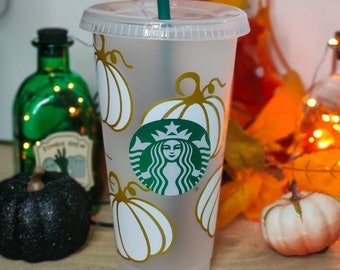 White and Gold Pumpkin Starbucks Cold Cup - Halloween Starbucks Cup