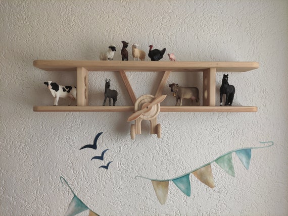 Flugzeugregal Größe L 55x27x10 cm Kinderzimmer Wandregal Holz Tonie Schleich Figuren Flieger Pilot Upcycling nachhaltig