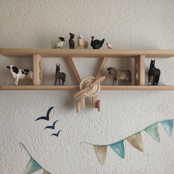 Étagère d'avion chambre d'enfant étagère murale en bois étagère Tonie Schleich figurines aviateur pilote upcycling durable fête des mères