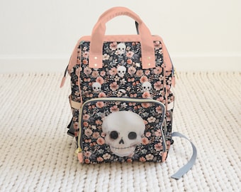 Skulls & Pink Flower Baby Changing Backpack – Travel Bag, Made-to-Order Gift for Parents