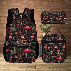 Ensemble scolaire trois pièces, cartable forêt, trousse assortie, sac à lunch champignons, cartable espace, coffret cadeau champignons