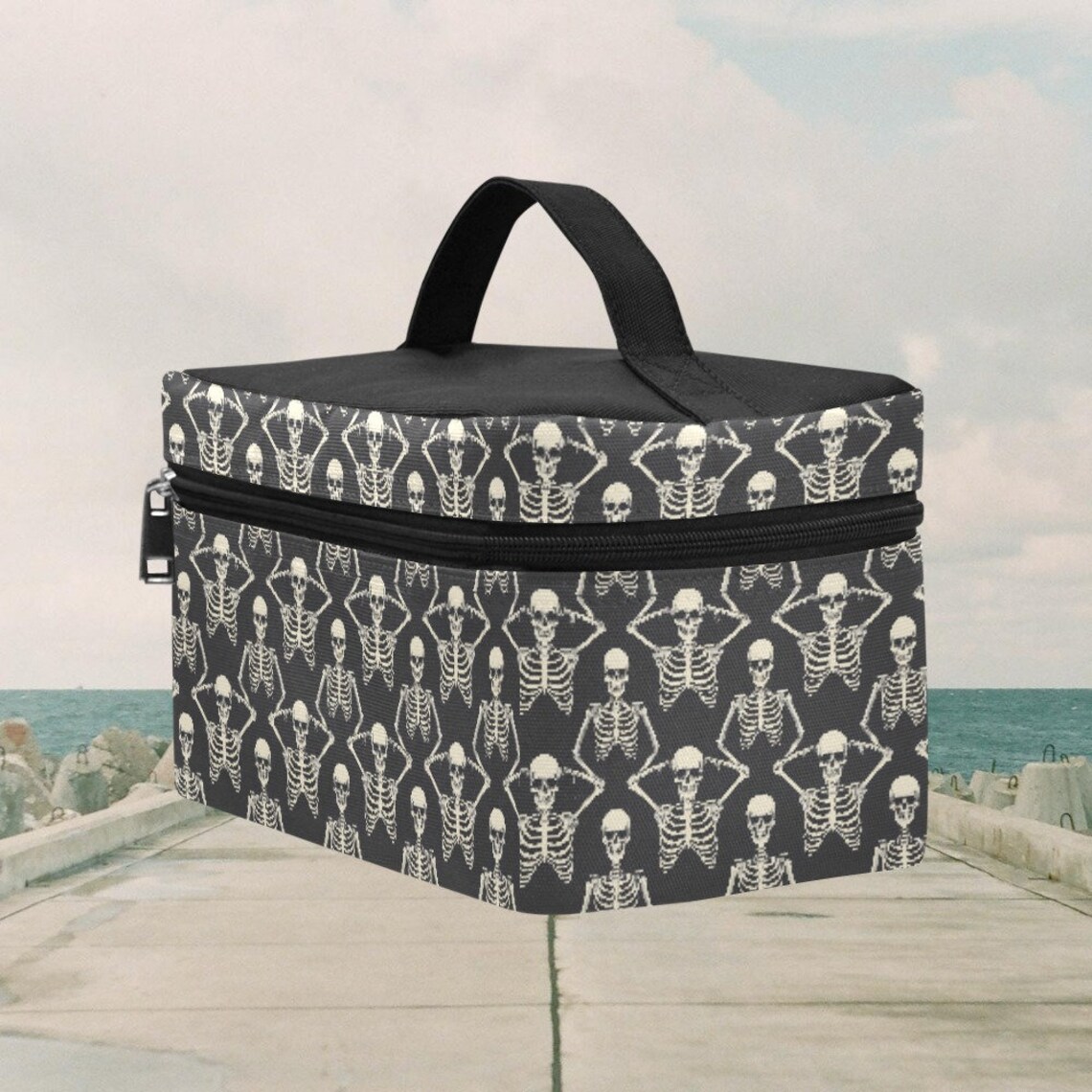 Dark Skeletons Cosmetic Travel Case Floral Makeup Bag, Gothic Makeup