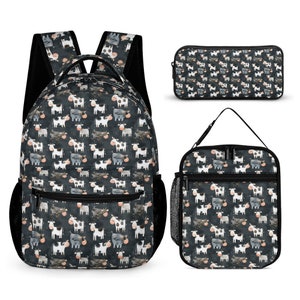 Ensemble scolaire trois pièces, cartable, ensemble assorti, trousse, boîte à lunch, retour à l'école, sac à dos, vaches mignonnes, thème animaux de la ferme,