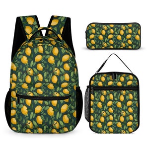 Set scolaire trois pièces, cartable, ensemble assorti, trousse, boîte à lunch, retour à l'école, sac à dos, motif citron, fruité