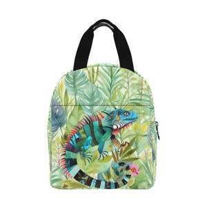 Chameleon Lizard, Lunch box, Jungle Leaf, Zipper Closure Thermal Lunch Bag, Insulated Zippered Picnic Bag, Zip Lunch Box,
