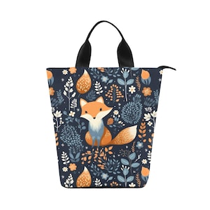 Cute Fox Lunch bag, Zipper Closure Nylon Cylinder Lunch Bag, Zippered Picnic Bag, Zip Lunch Box,