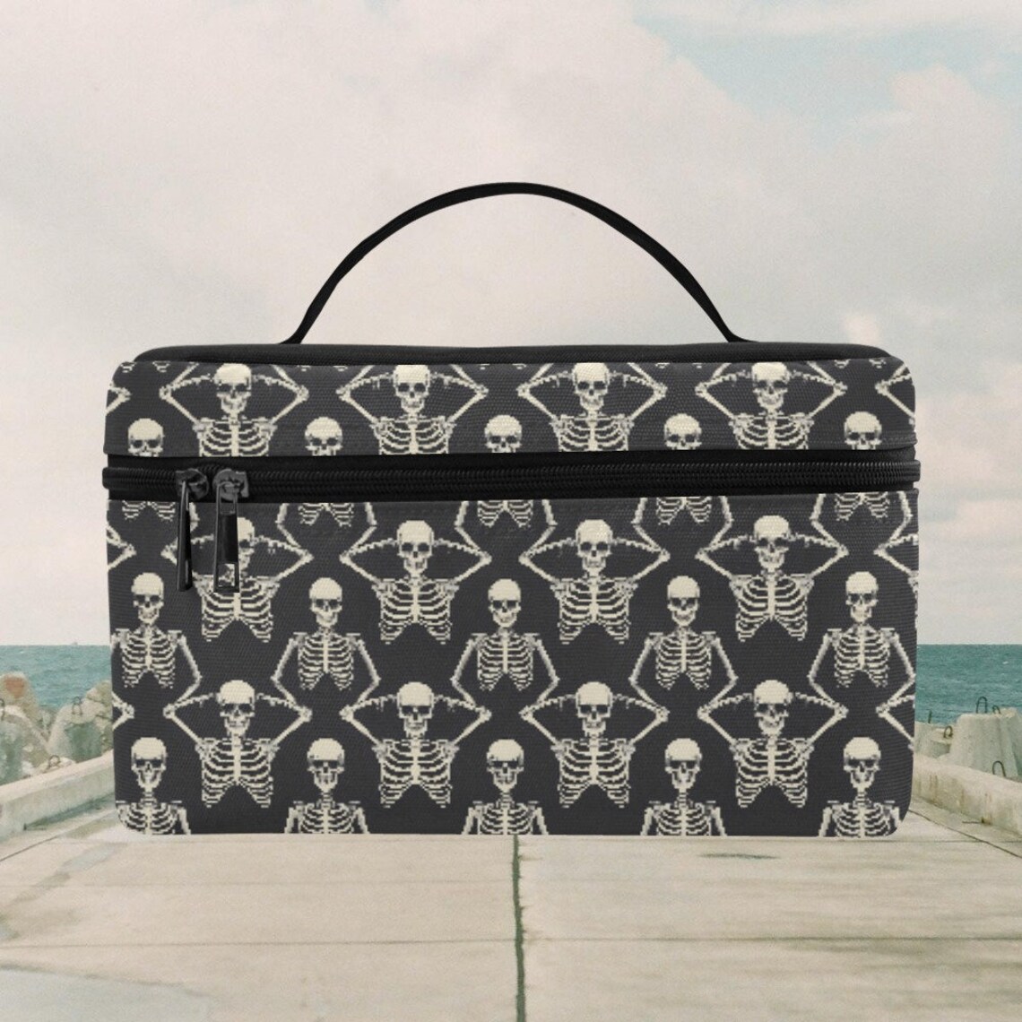 Dark Skeletons Cosmetic Travel Case Floral Makeup Bag, Gothic Makeup