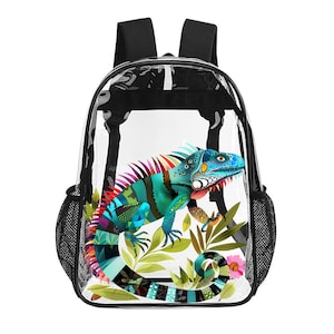 May include: Clear plastic backpack with a colorful iguana design. The iguana is green, blue, yellow, and red with a white background. The backpack has black straps and mesh side pockets.