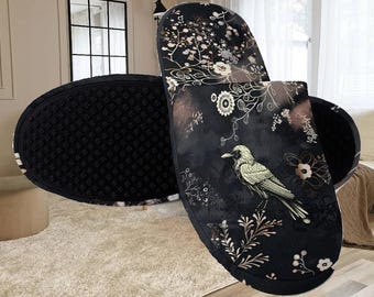 Black Crow Floral Slippers: Gothic House Shoes
