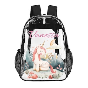 Licorne personnalisée, sac transparent, sac à dos transparent arc-en-ciel, sac à dos transparent, sac d'aéroport, sac de voyage transparent, sac prénom,