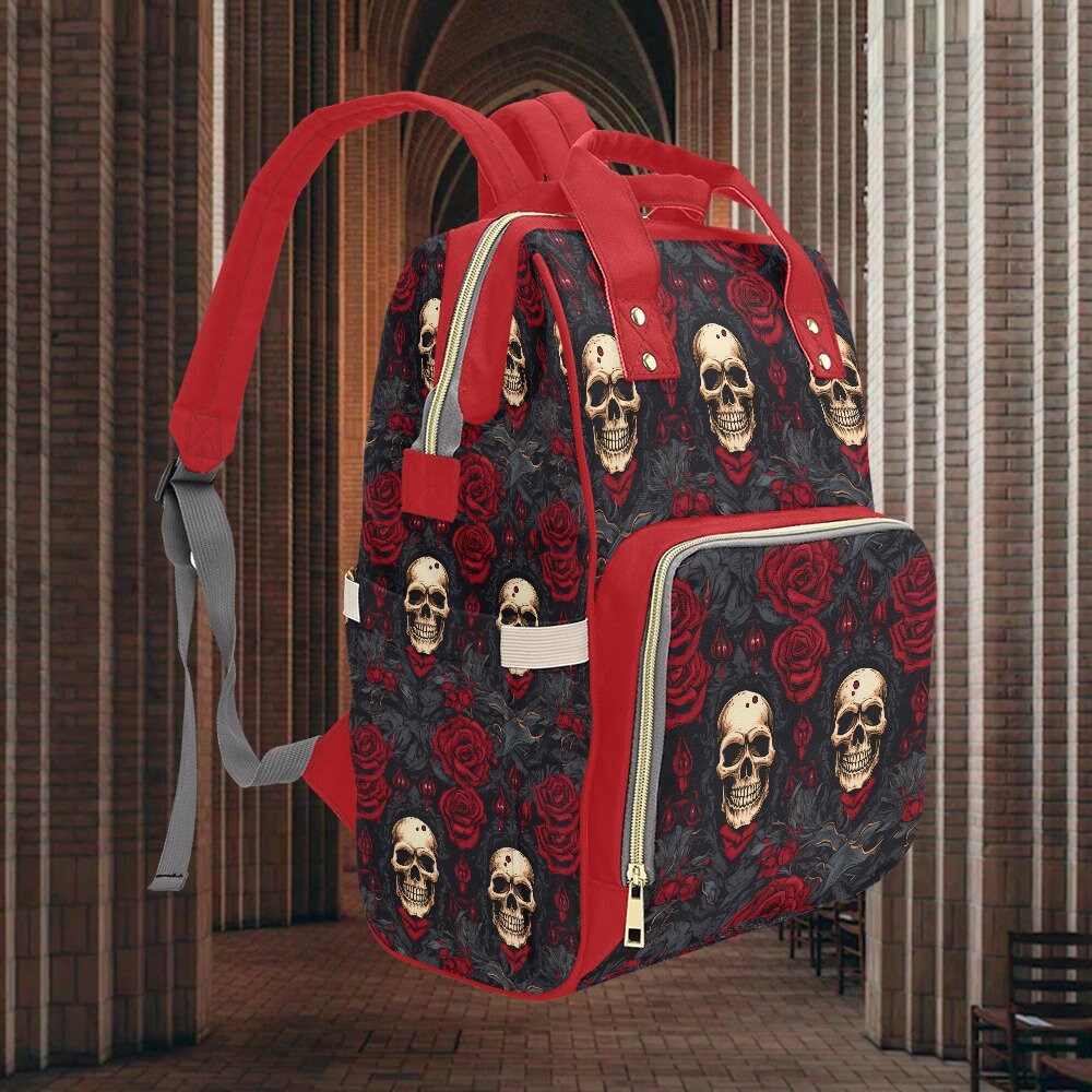 Skull & Rose Pattern Backpack in Cream, Red, Brown Lightweight Backpack Roses and Skull School Bag Travel  main image 2
