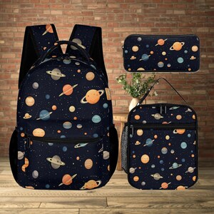 Ensemble scolaire trois pièces, cartable, trousse assortie, sac à lunch Planets, cartable espace, cadeau astronaute en herbe,