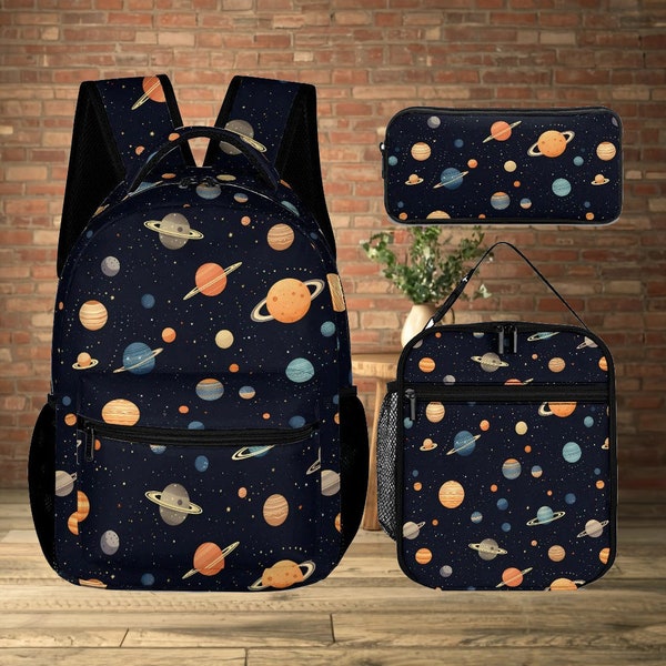 Three Piece School Set, School bag, Matching Pencil case, Planets Lunchbag, Space School bag, Budding astronaut gift,