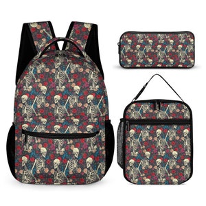 Ensemble scolaire trois pièces, cartable, ensemble assorti, trousse, boîte à lunch, rentrée scolaire, sac à dos, roses et squelettes, gothique mignon