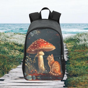 Cartable en tissu, champignon et chat, sac à dos unisexe, sac à dos pour ordinateur portable, sac alternatif, matou, champignon vénéneux,