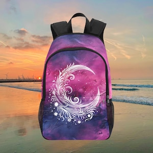 Lune rose et blanche, grand sac à dos d'école, sac à dos pour ordinateur portable, joli sac à dos gothique, rentrée neutre, rose et violet