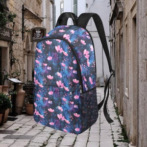 Grand cartable à fleurs roses, sac à fleurs de printemps, sac à dos pour femme, sac à dos d'école, sac à dos pour ordinateur portable, sac de printemps foncé, bleu, rose violet